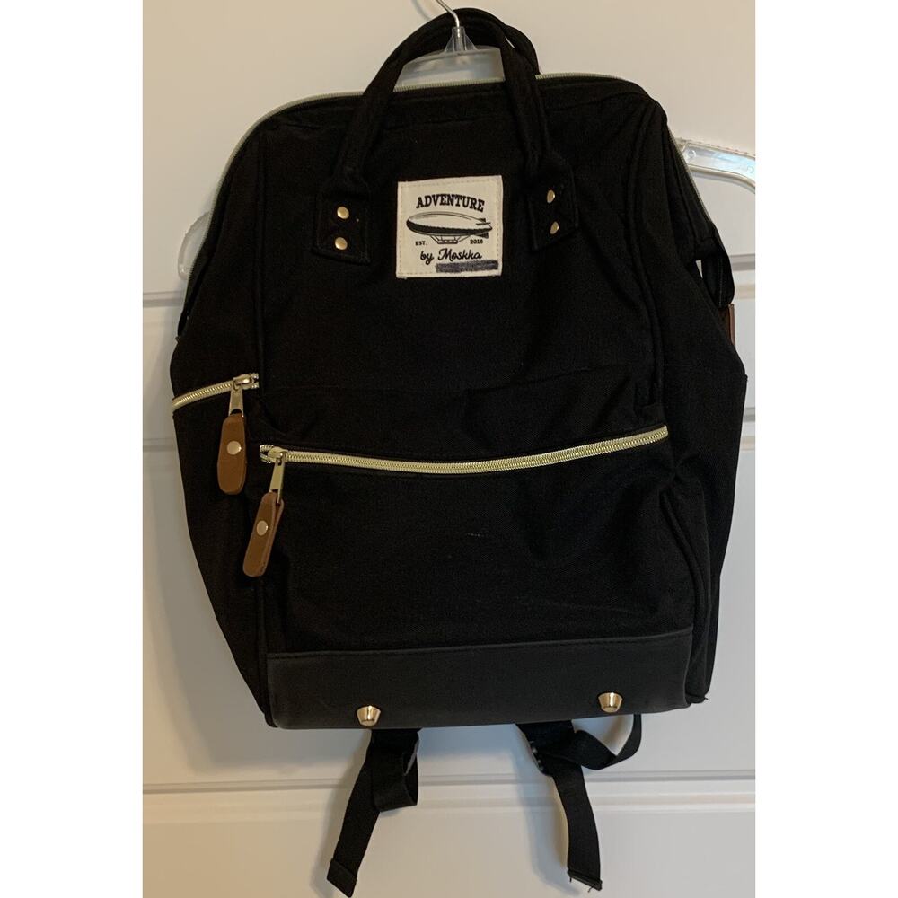 Adventure By Moskka Est. 2016 Diaper Black Backpack Wide Mouth Gold Zippers FLAW